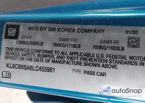 2020 Chevrolet Spark Fwd Ls Automatic z USA, uszkodzony, nr VIN KL8CB6SA6LC455981